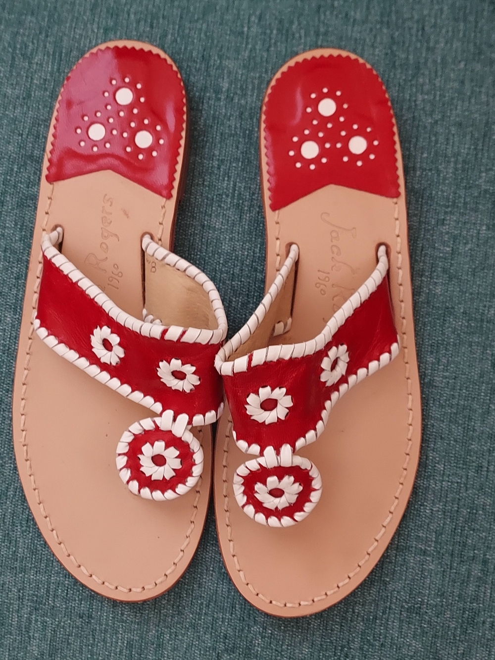 Jack Rogers Red and White Leather Thong Sandals